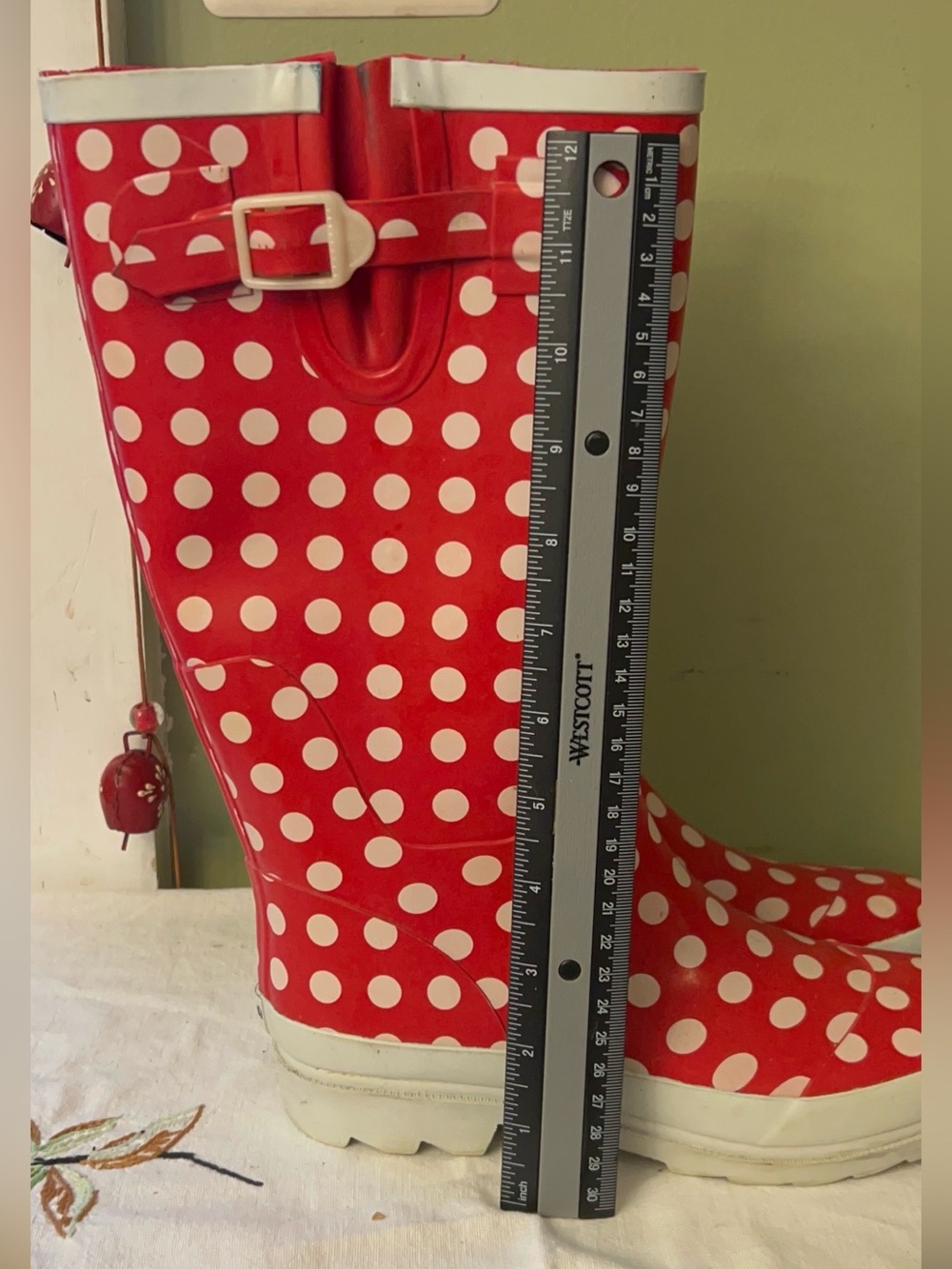 Red Polka Dot Rain Boots with White Trim Size 7 - Picture 6 of 6